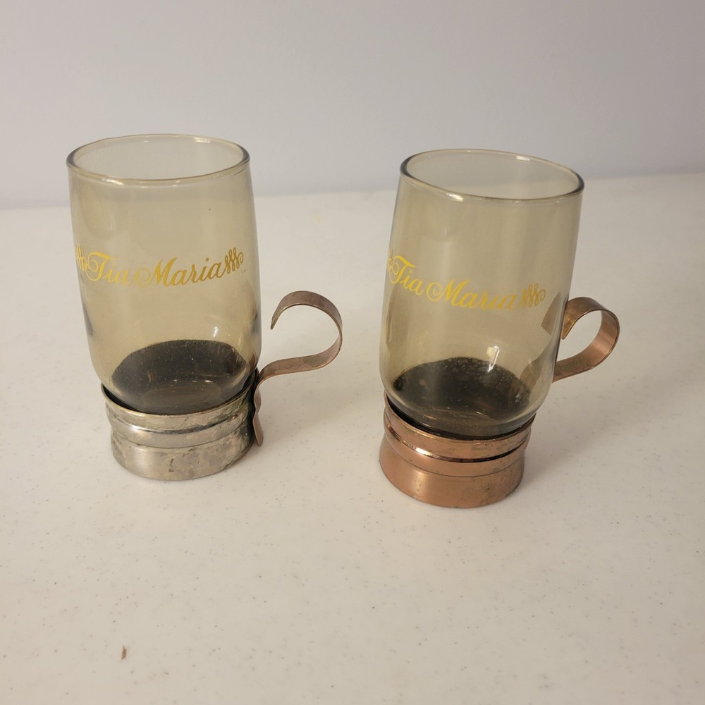 Tia Maria Irish Coffee Mugs 2 Amber Smoked Glass Vintage MCM Advertising Barware