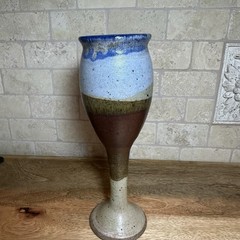 Vintage Studio Art Pottery Glazed Stoneware Goblet 9.5 Inch Signed Blue 12oz