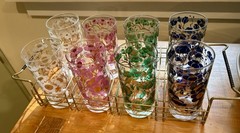 Vintage SET of 8 Fred Press MCM Floral Multicolor Highball Glasses with tray