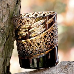 Luxury Edo Kiriko Hand Cut Crystal Whiskey Glass Black Amber Carved Tumbler 9oz