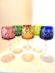 NACHTMANN BLEIKRYSTALL CUT TO CLEAR MULTICOLOR WINE GLASSES GOBLETS SET OF 6