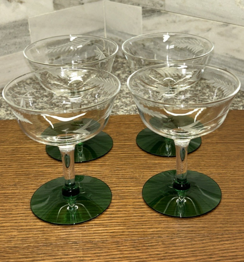 Vintage Weston Louie Depression Green Footed Cocktail Glass. Set of 4