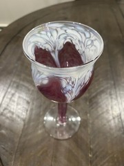 Ron Hinkle Hand Blown Art Glass Pink Iridescence Wine Goblet Signed 2005 8.75”