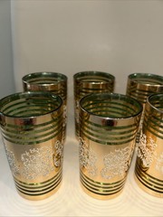 Mid-Century Drinking Glasses Green & gold gilt, Set 6 made in Korea