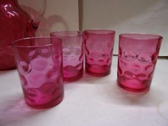 Antique, Victorian, 5 Pc., Cranberry Thumbprint, Art Glass Water Set