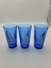 Hazel Atlas Cobalt Blue Ships Sail Boat Cocktail Shaker & 6 Glasses