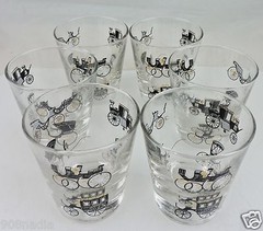 VINTAGE GOLD CLEAR BLACK WHITE CARRIAGE IMAGE BRANDY WHISKEY ROCK GLASS SET 6