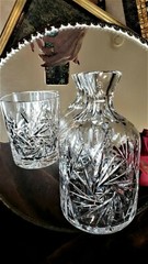 Vintage RARE Crystal CUT GLASS TUMBLE UP Carafe & Tumbler PINWHEEL Tag POLAND!