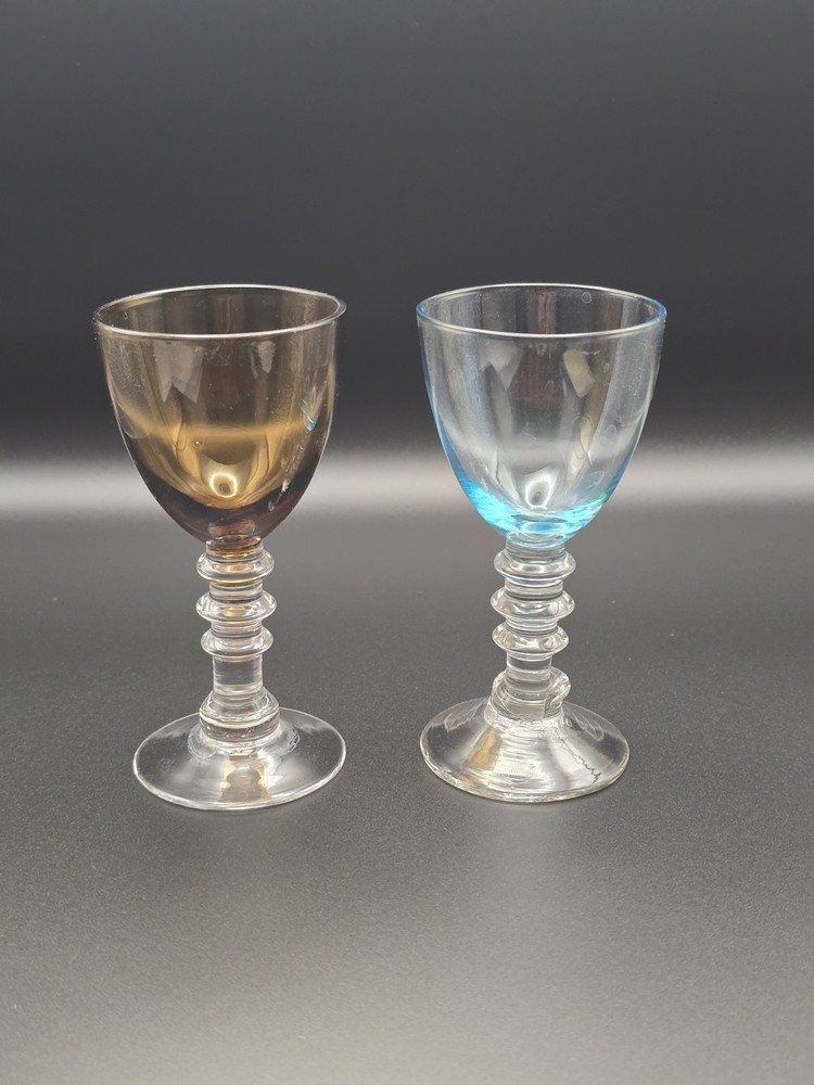 Vintage Set 2 Hand Blown Circle Stem Cordial Glasses Amber/ Blue