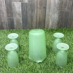 Vintage Indiana Glass Tiara Satin Jadeite Green Pitcher & 4 Goblets Frosted Set