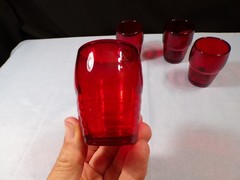 Set of 4 Ruby Red Glass Whiskey Glasses w/ Ribbed Design
