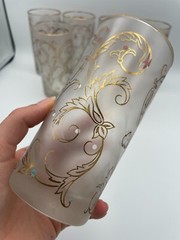 Libbey Frosted Gold Lace Floral Swirl Handpainted Tall Glasses Set of 6