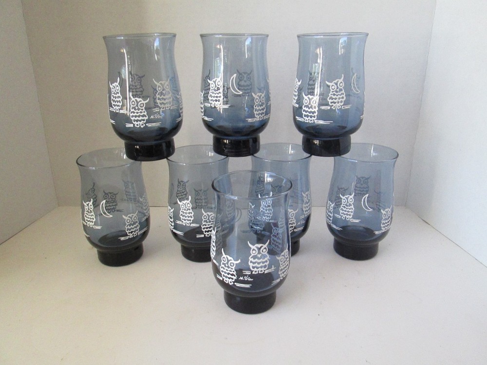 Set 8 LIBBEY Clay Slate Blue HOOT OWL & MOON Retro Vintage M DIA Tulip Glasses
