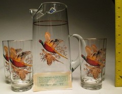 VTG West Virginia Glass Specialty Tankard Pitcher 4 Tumblers Ring Neck Pheasants