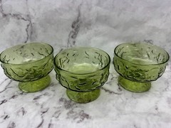 3 Vintage Anchor Hocking Lido Milano Green Sherbet Dessert Dish Crinkle Glass