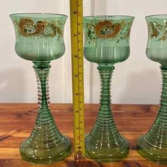 Vintage Bohemian Green Art Glass Gold Detailing Goblets Set of 3