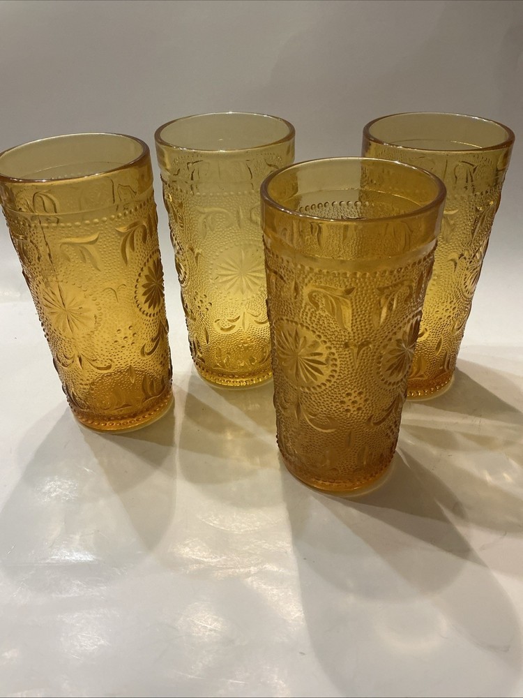 Vintage 12 Oz BROCKWAY GLASS Flat Tumblers AMERICAN CONCORD Amber – Set Of 4