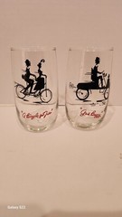 2 Different Vintage Gas Buggy & Bicycle For Two Glasses Silhouette!