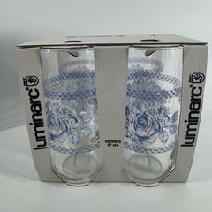 4 Luminarc Honorine NOS 16 Oz Tumbler Blue Rose Floral Vtg Granny Country Core
