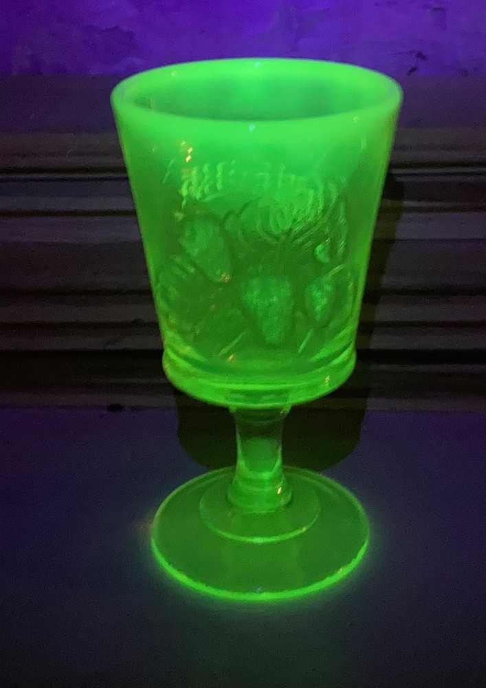 Vtg LG Wright Strawberry Currant Footed Goblet Vaseline Opalescent Glows 6 1/4″