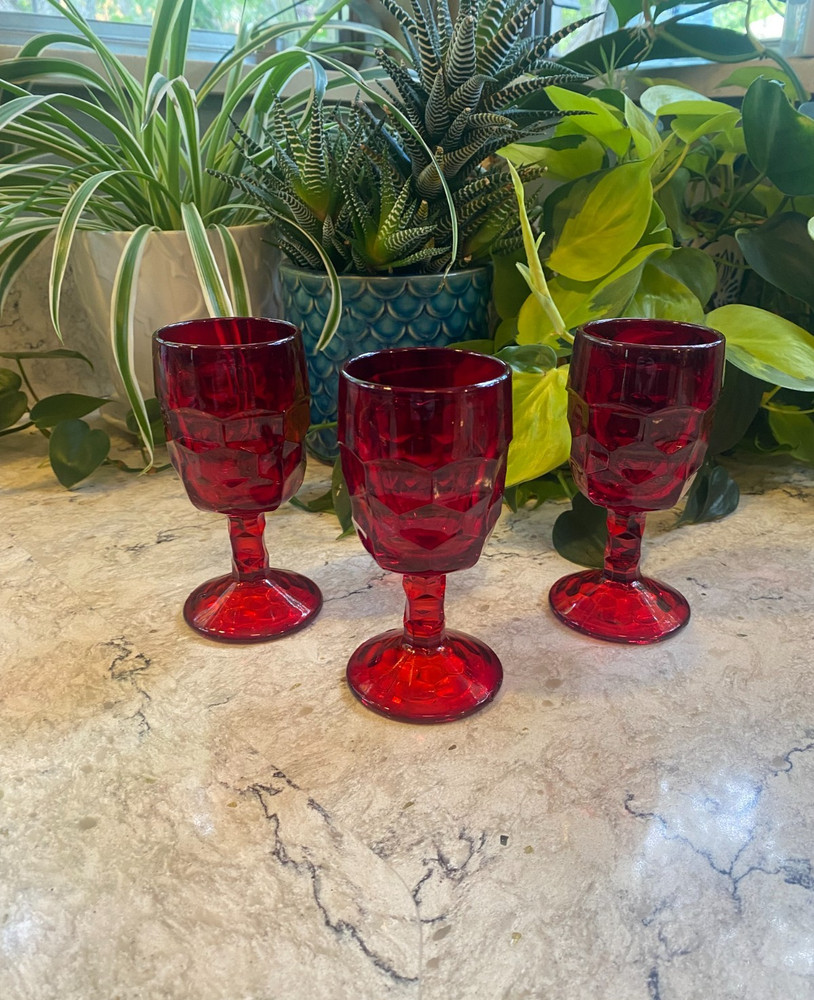Vintage Ruby Red Wine Goblets Set of 3 Faceted Glass Stemware Mid Century Bar
