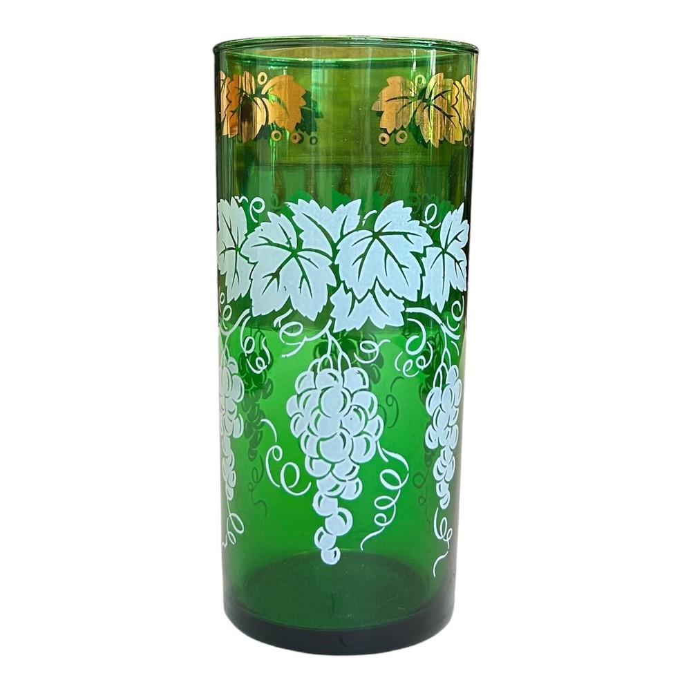 Vintage Anchor Hocking Forest Green Tumblers with Gold and White Trim