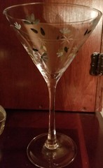 Martini Glass Handpainted Light Blue Flowers , Vines & Leaves 8″ Ectched design