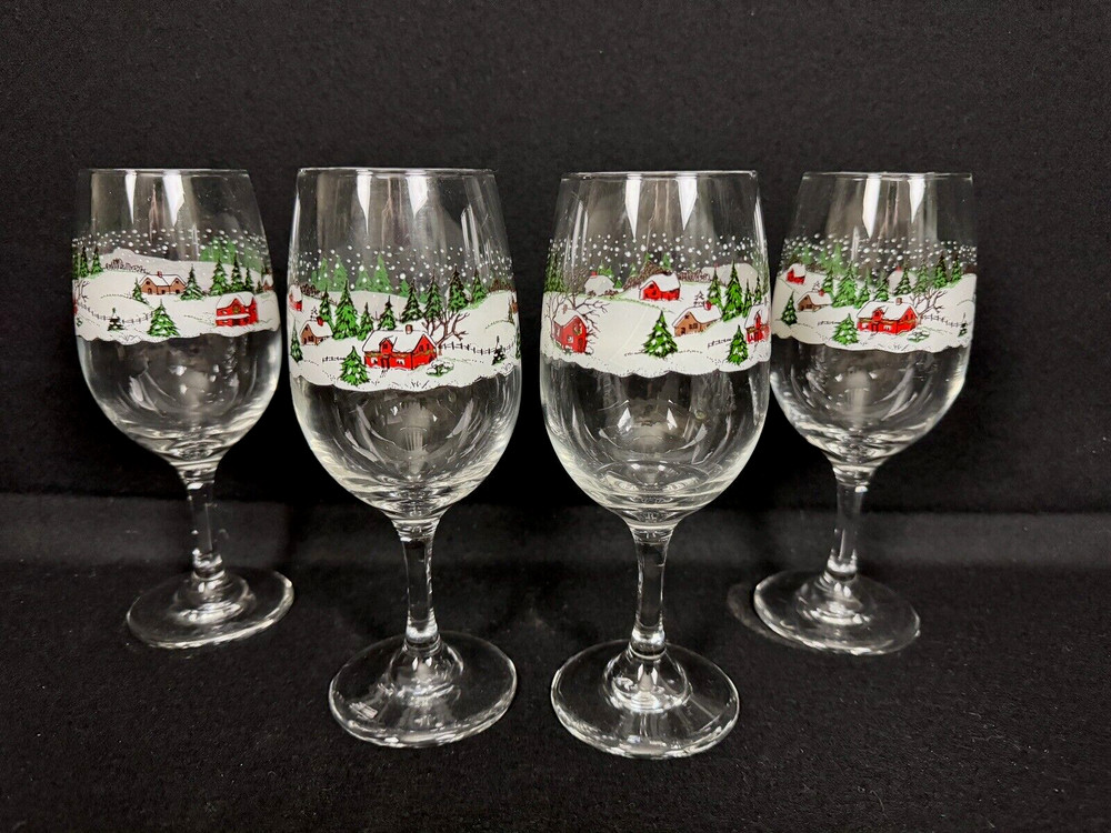 4 Vintage Libbey Christmas Winter Village Countryside Snow Scene Goblets 7 1/2″