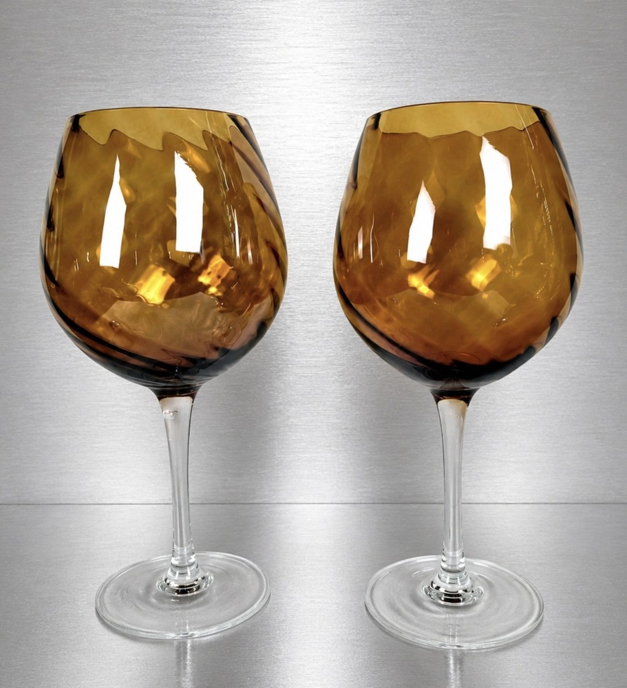 Vtg Amber Optic Swirl, 2 Large Bowl Balloon Wine Glasses Set, 9″ H, Blown Glass