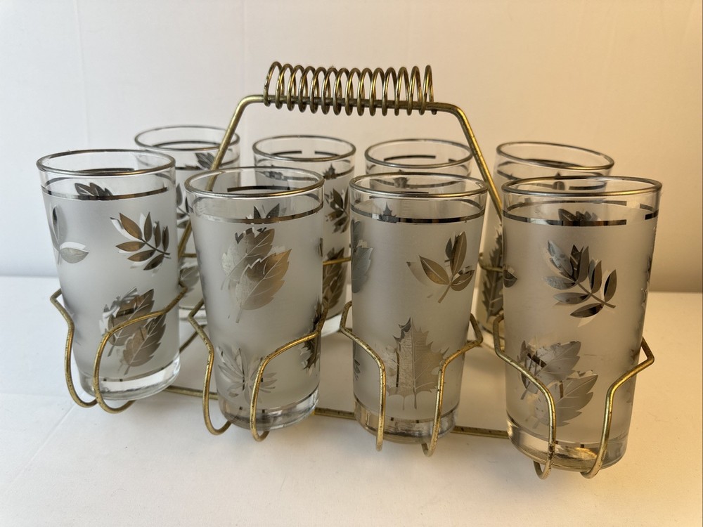 Vintage Libbey Silver Leaf Frosted Bar Glasses with Wire Carrier Caddy Used