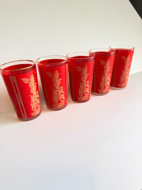 Vintage Red Gold Highball Glasses Set of 5 Mid Century Barware Tumblers