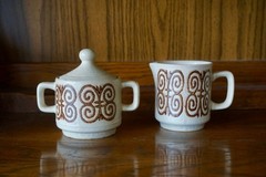 Japanese Ceramic Cream Coffee Pot Set: 70’s Butterfly Scroll Design