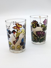 Pair Vintage 1973 Faroy Stained Glass Votive Juice Cups Butterfly Mushroom Set