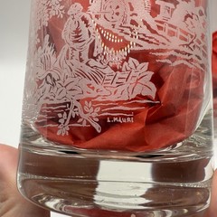 Vintage White Farm Stream Scene Whiskey Glass Signed L. Mauri Set of 2 Etched