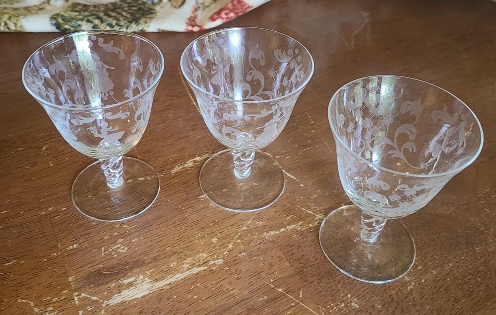 3 Antique Ladies Gents Etched Crystal Twisted Stems CORDIAL Glass Goblet UNK7199