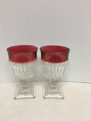 Vintage Ruby Red Rimmed Set Of 2 Goblet Clear Cut Glass Square Base