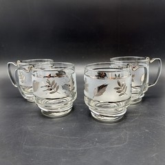 Set of 4 Vintage Libbey Silver Leaf & Frost Coffee Mugs W/ Metal Handle MCM