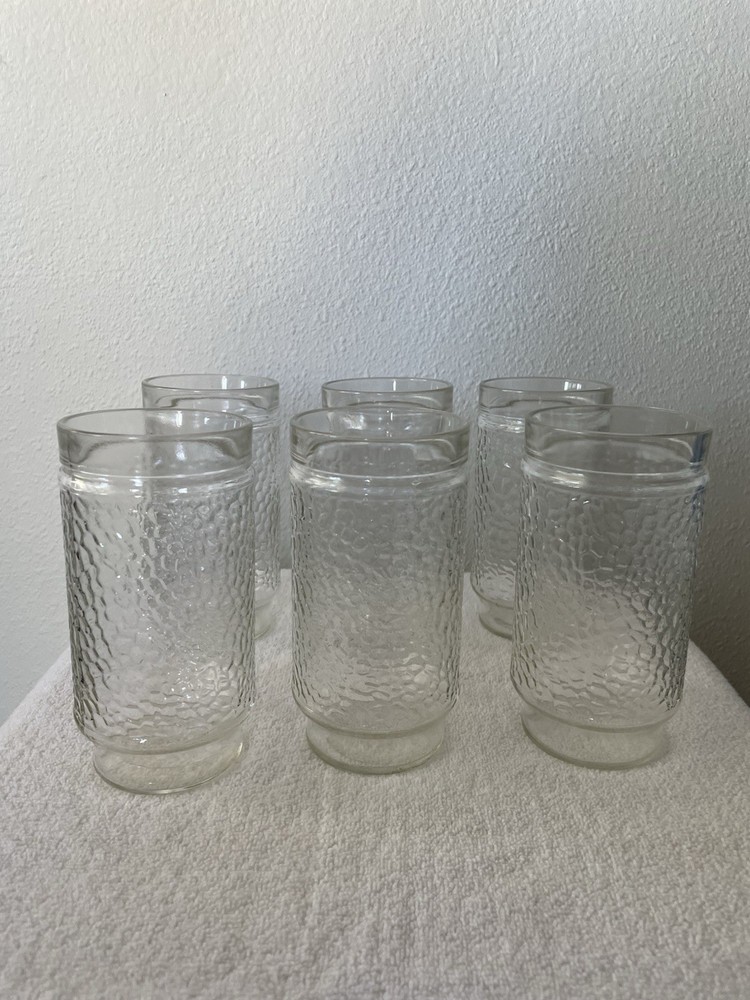 6 Vintage Libbey Chateau Clear 6” Glass Tumblers, Pebble Textured 1970s