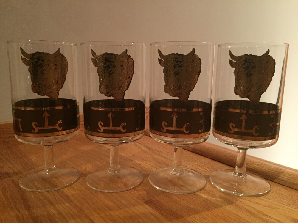 Cera MCM Bison Buffalo Bulls Head Wine Glasses ~ RARE VTG Collectors Set 4 ~ EUC