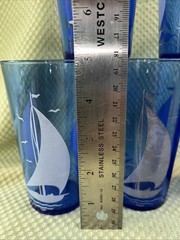 Vintage Hazel Atlas Cobalt Blue Seagulls Sailboat Glass Tumblers (8) 8 Oz 5” Ht