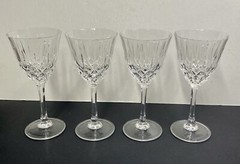 Set Of 4 Cut Glass Crystal Flared Diamond Pattern Hexagon Stem 7.25” Scalloped