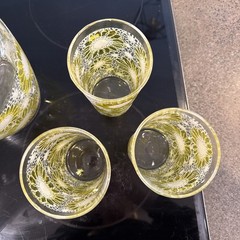 Vintage Hazel Atlas Anchor Yellow and white Sunflower Daisy Pitcher & 3 Glasses