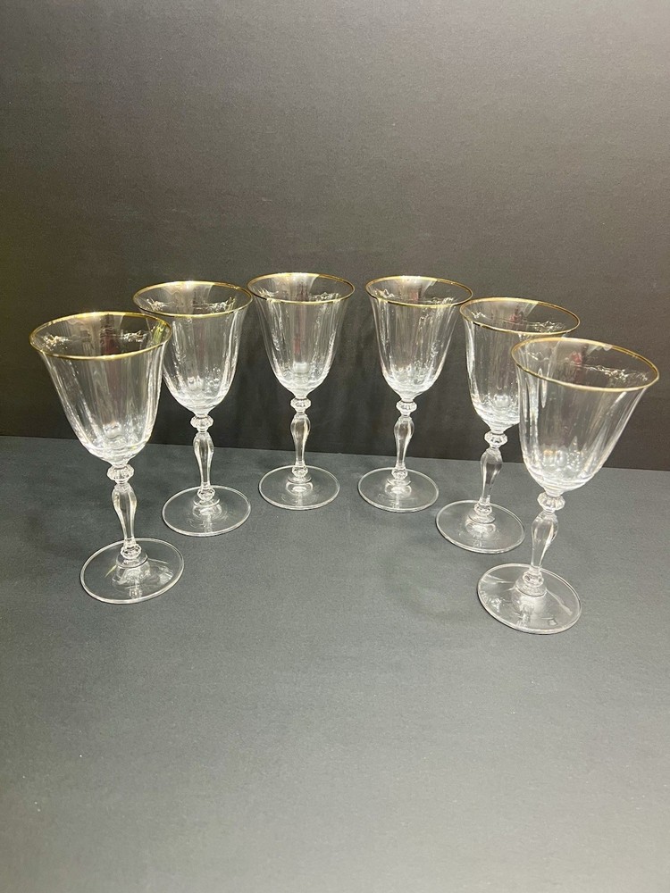 Mikasa Allegro Gold Wine Glasses Set 6 Crystal Gold Rim Goblets 7.5” EUC