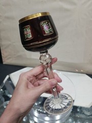 Wine Glass Hock Goblet Bohemian Red Cut to clear Crystal cabochon roses enamel