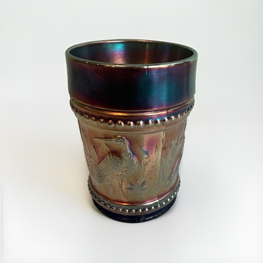 Antique Dugan Blue Carnival Glass Stork & Rushes Rows of Beading Tumbler 4″ Tall