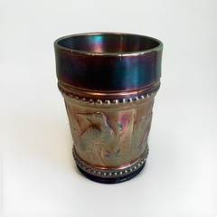 Antique Dugan Blue Carnival Glass Stork & Rushes Rows of Beading Tumbler 4″ Tall