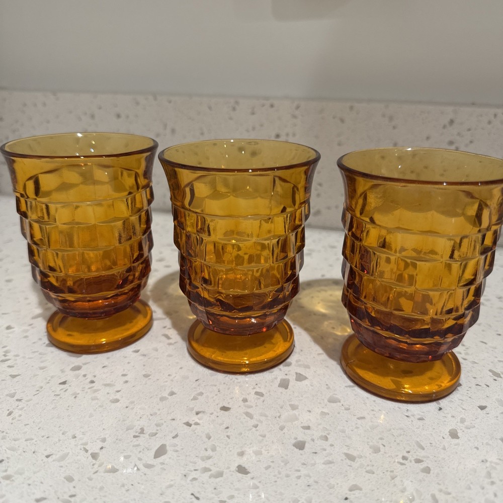 Vintage Indiana Whitehall Cubist Juice Glasses Lot Of 3 Gold 4″ H x 2.5″ W