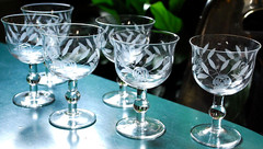 Vintage Set 6 HAND CUT Wine Glasses Ball Stem GREY CUT ROSES w LEAVES 4.5″
