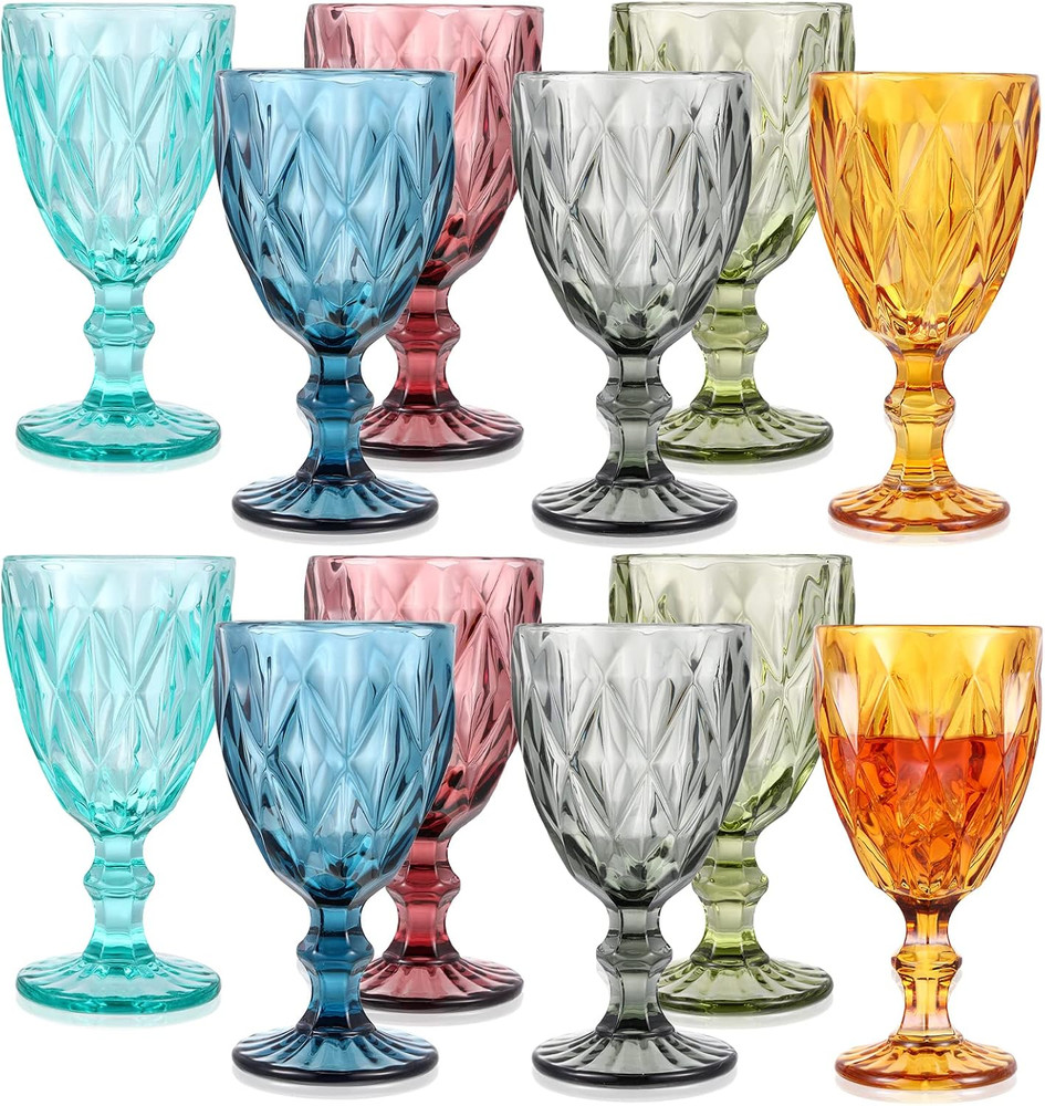 Set of 12 Vintage Glass Goblets Bulk 10 oz Multi Colored Stemware Wine Glasses C