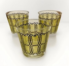 Libbey MCM Lowball Glasses Green Filigree Black Scroll Whiskey Glass Barware 60s